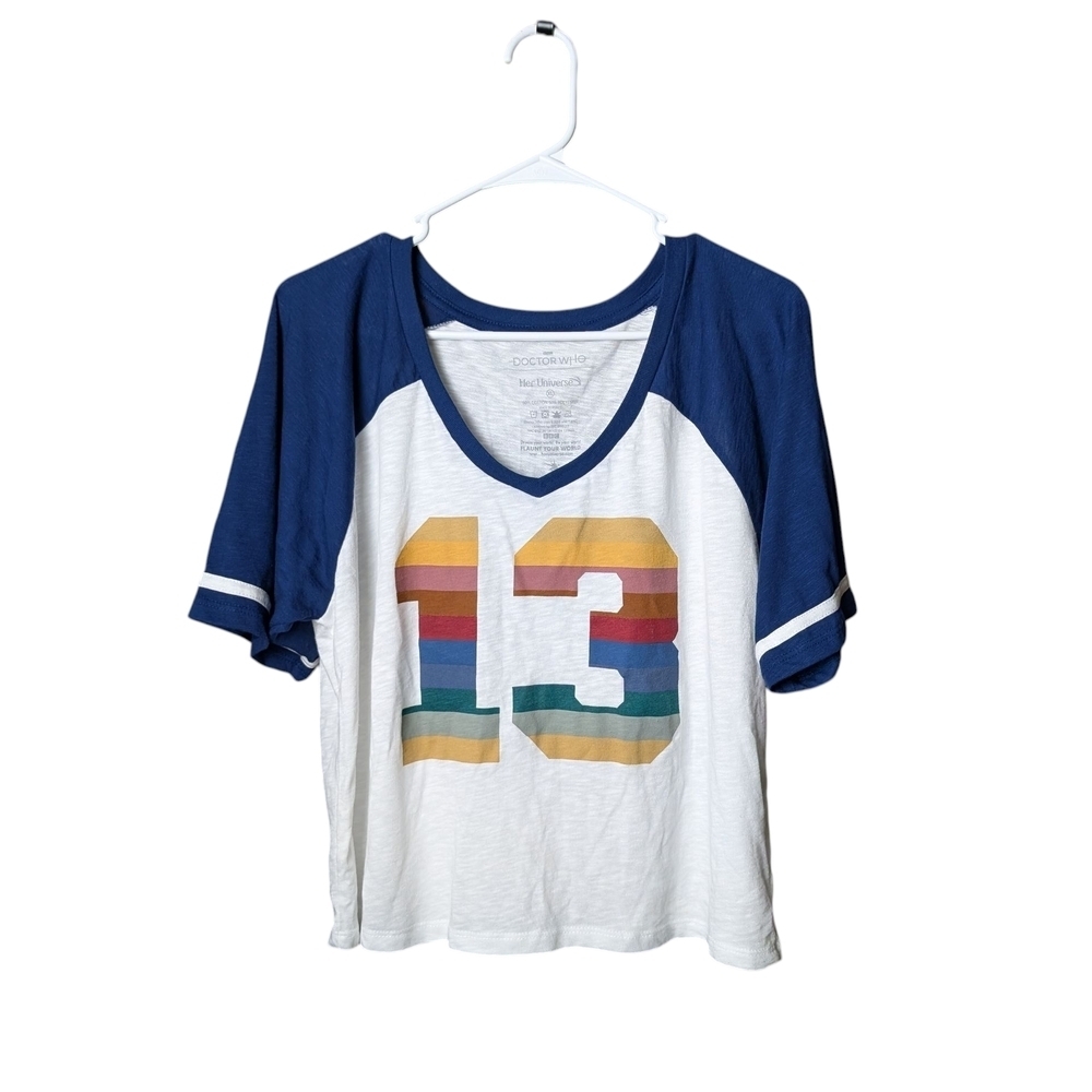 Dr. Who 13 Her Universe Blue White Red Green Womens Baseball Tee Shirt Striped